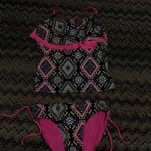 Justice Black and Pink Geometric Kids Bikini